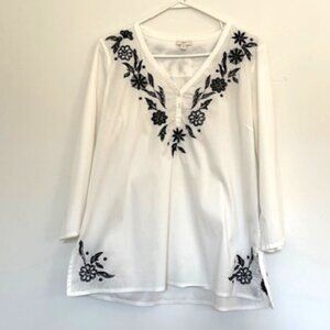 J. Jill White Long Sleeve Shirt with Black Floral Embroidery